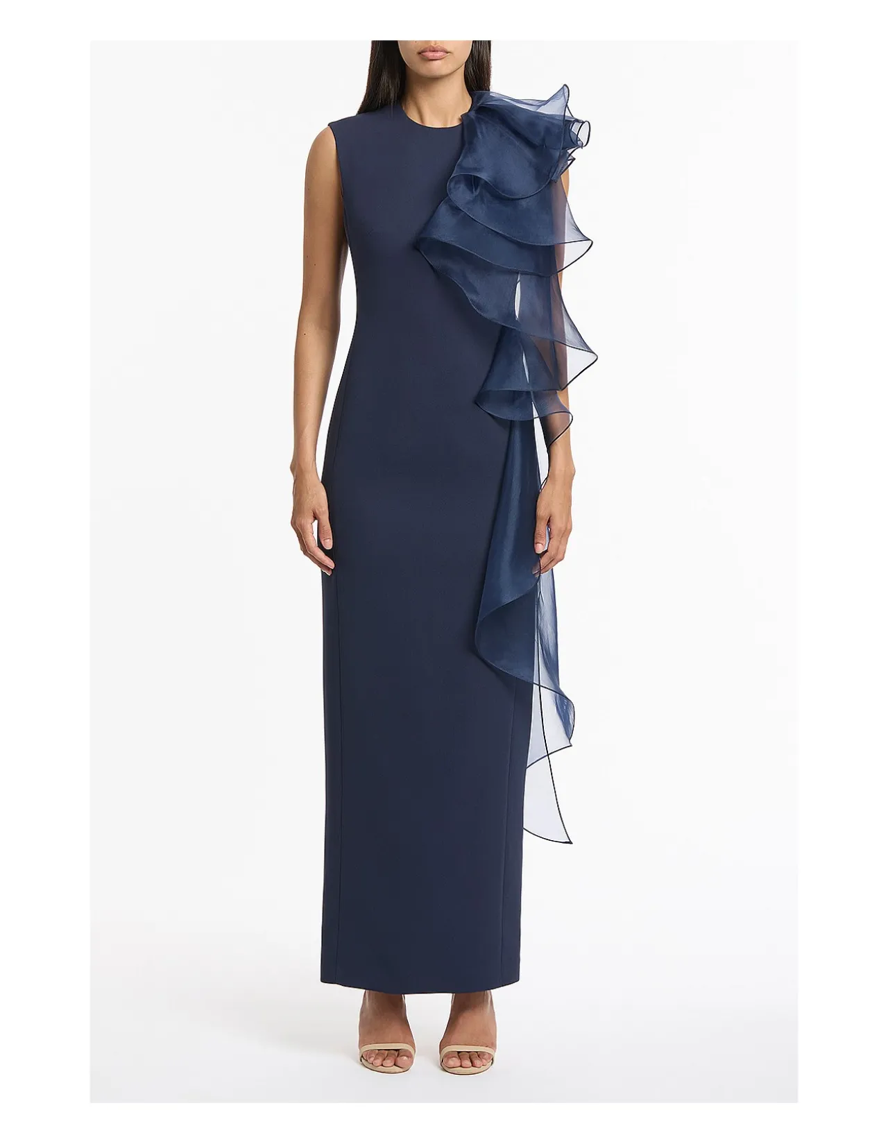 Acetate Crepe Ruffle Shoulder Gown