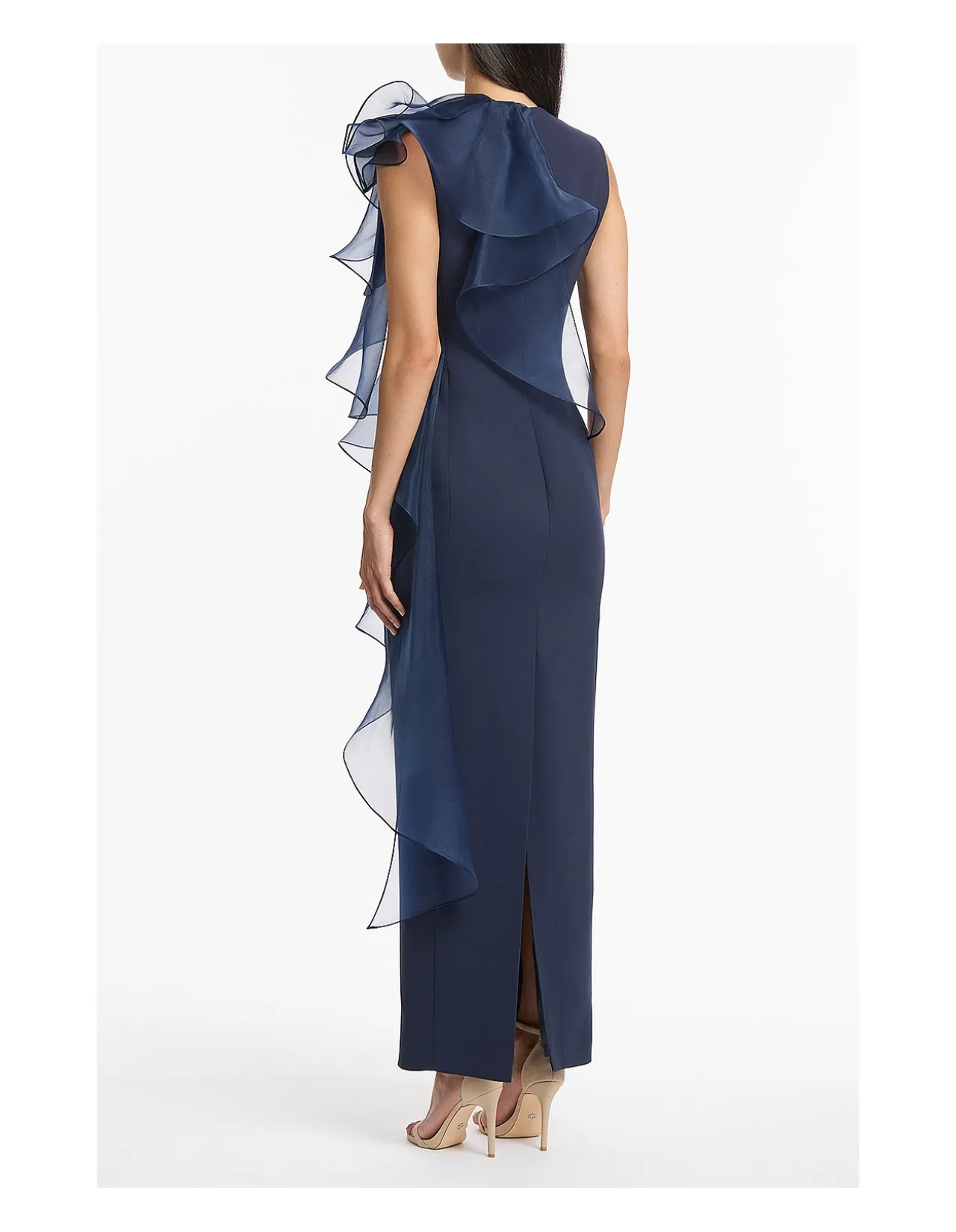 Acetate Crepe Ruffle Shoulder Gown