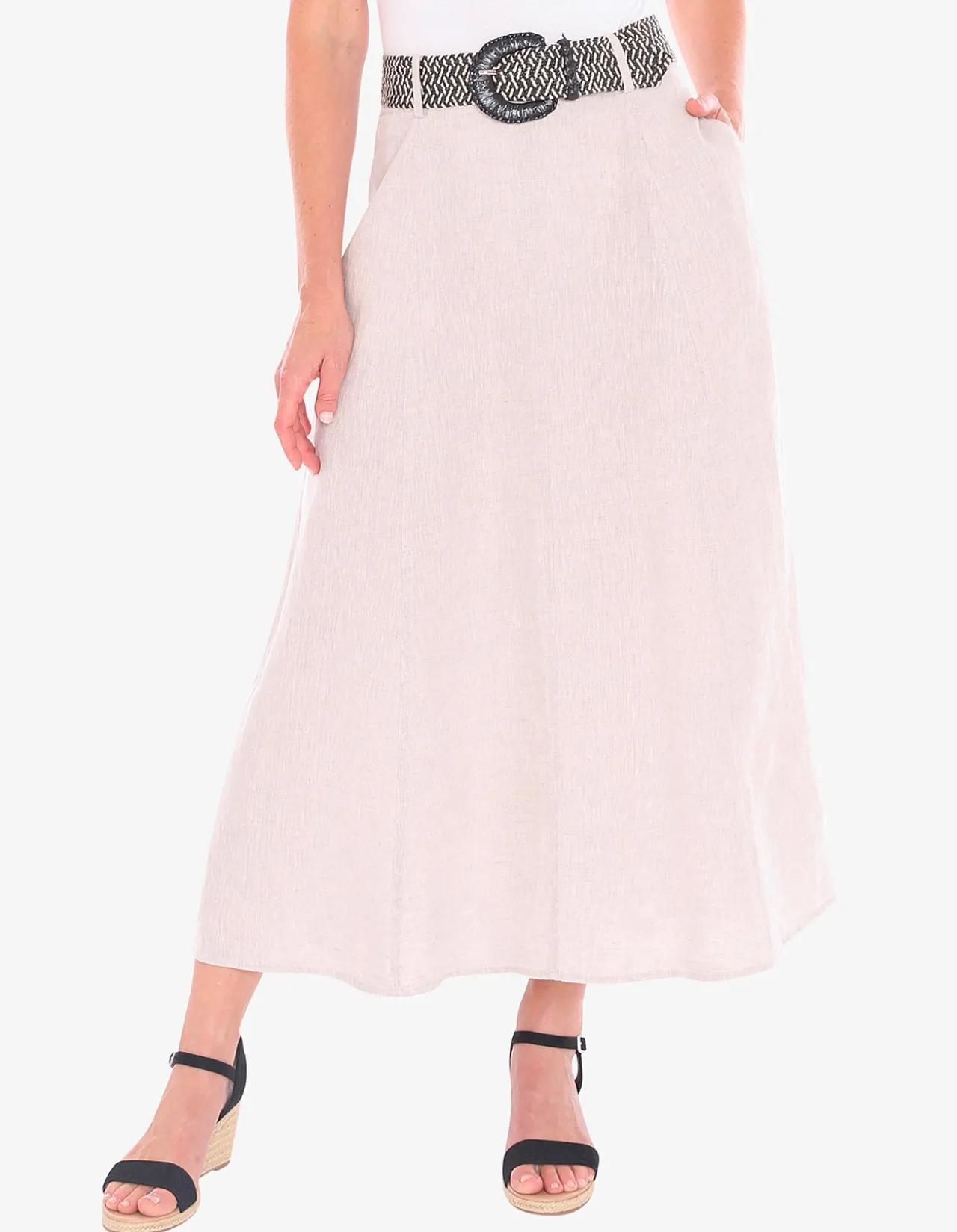 Belted Panel Linen A Line Midi Skirt