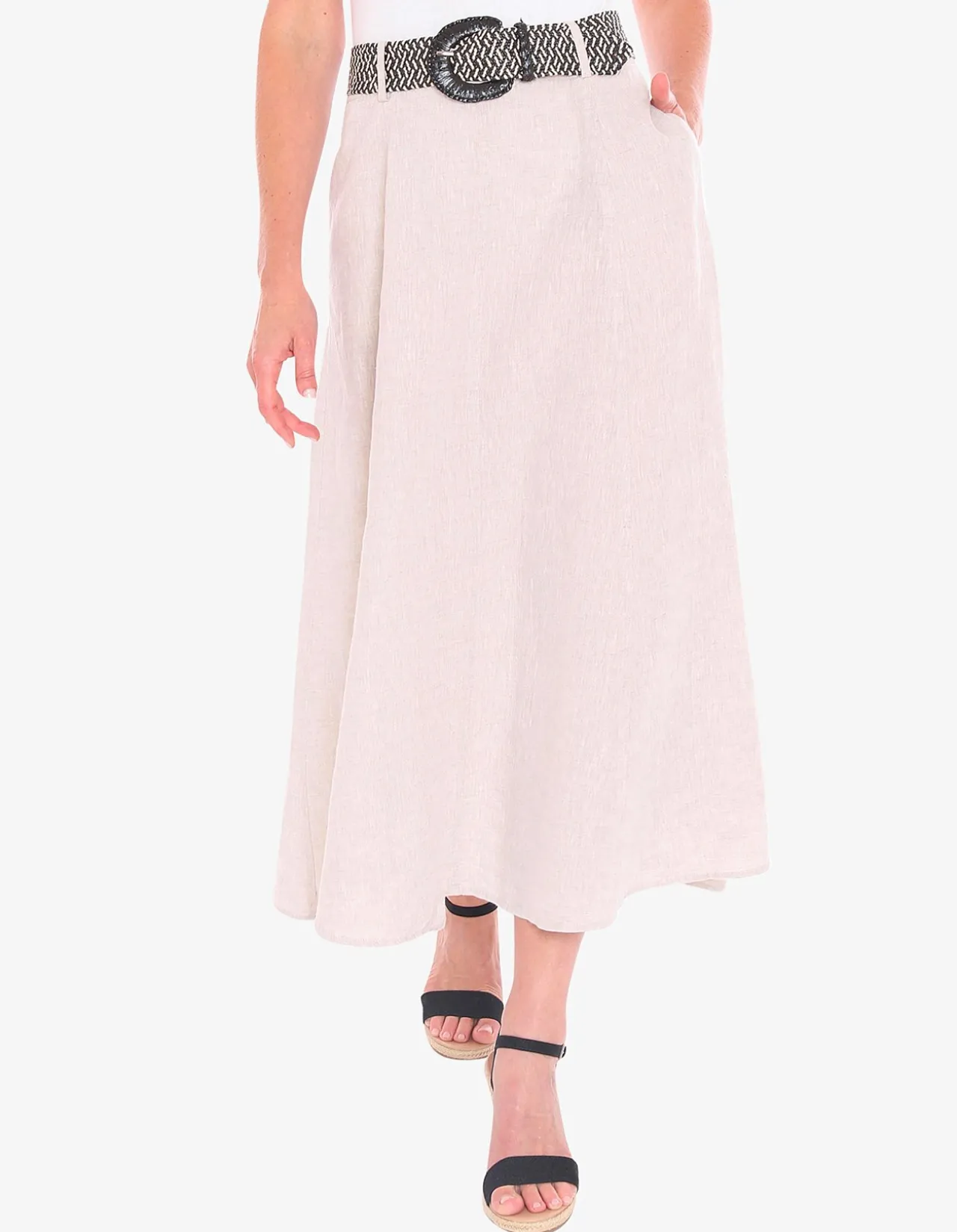 Belted Panel Linen A Line Midi Skirt