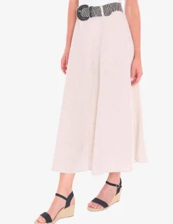 Belted Panel Linen A Line Midi Skirt