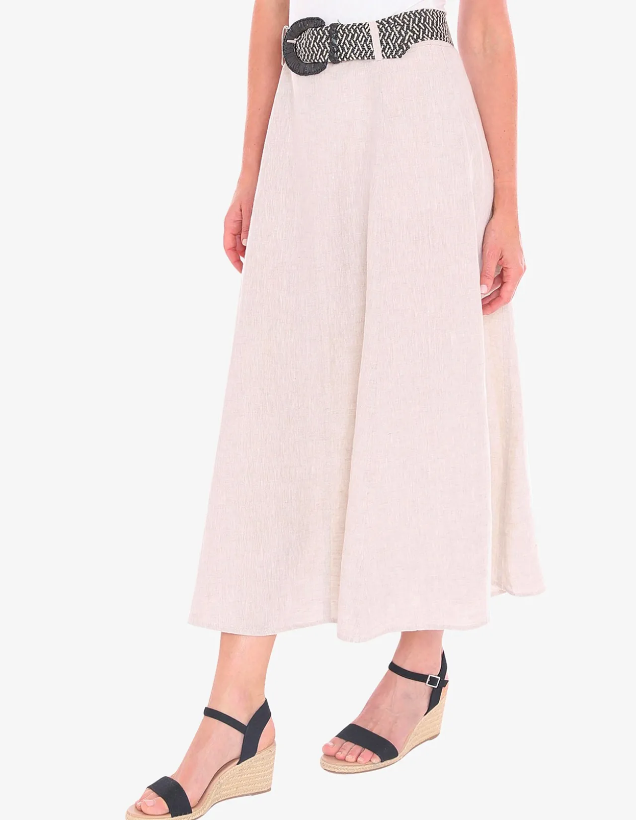 Belted Panel Linen A Line Midi Skirt