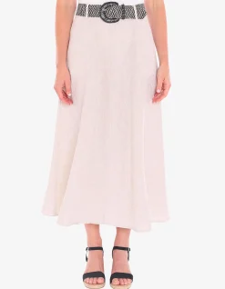 Belted Panel Linen A Line Midi Skirt