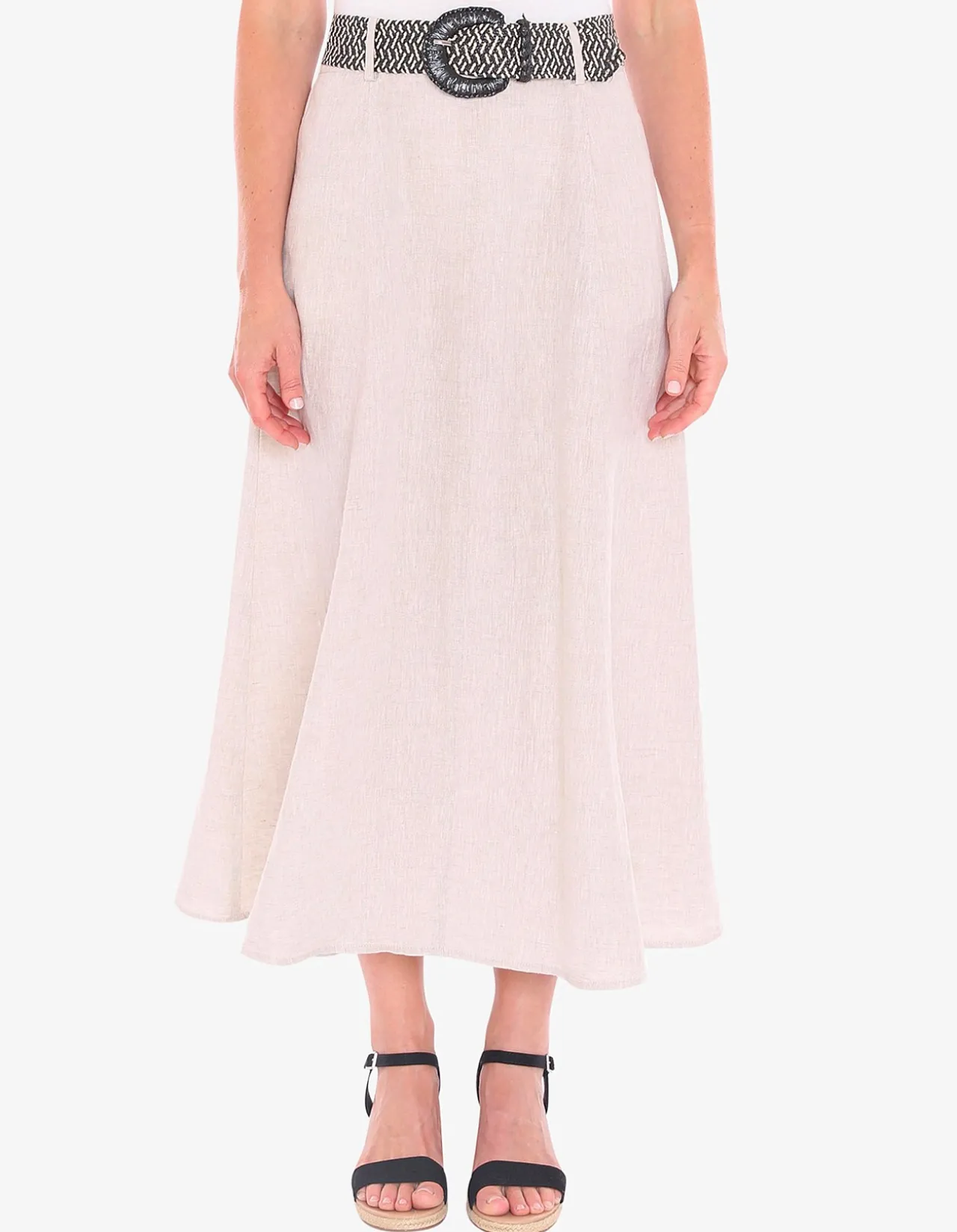Belted Panel Linen A Line Midi Skirt