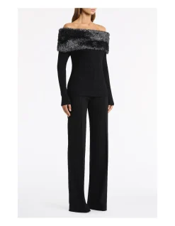 BLACK SHIMMER KNIT OFF SHOULDER TOP