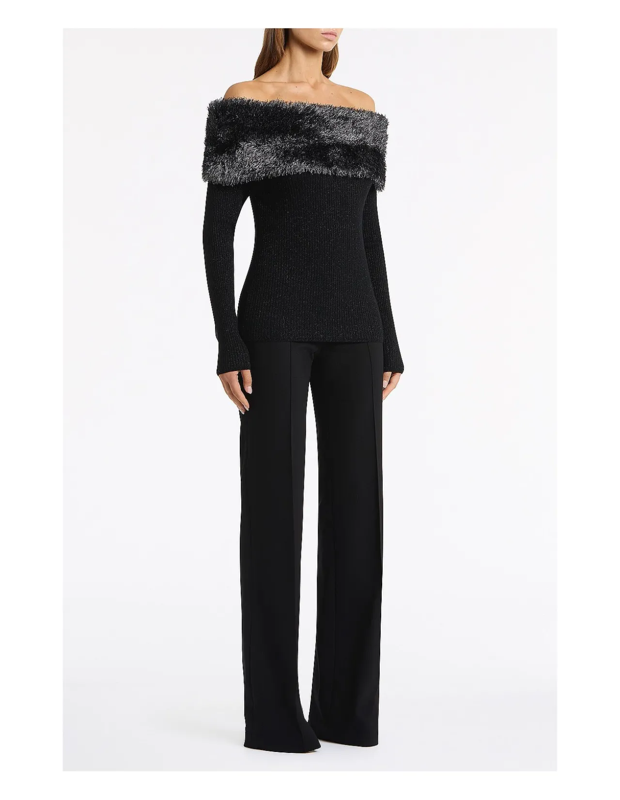 BLACK SHIMMER KNIT OFF SHOULDER TOP