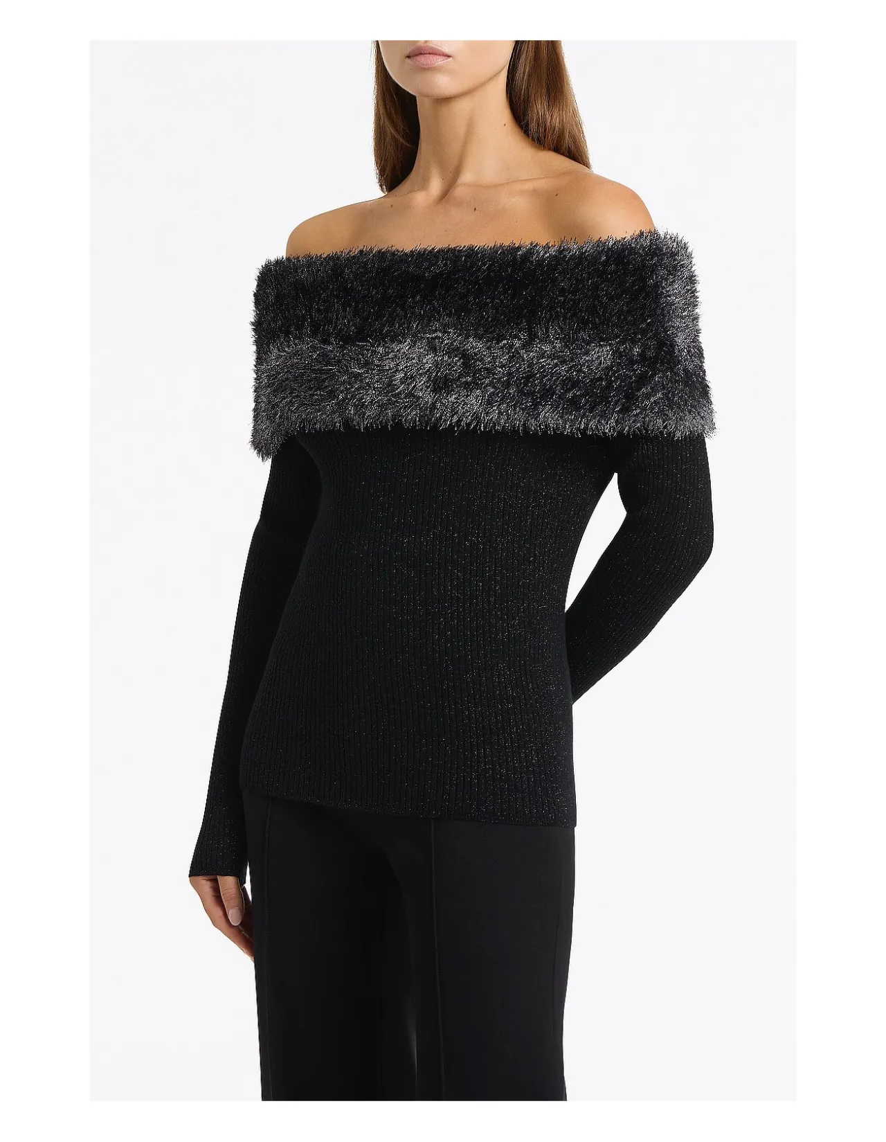 BLACK SHIMMER KNIT OFF SHOULDER TOP
