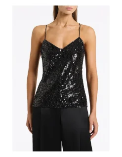 BLACK CASCADE SEQUIN THIN STRAP TOP