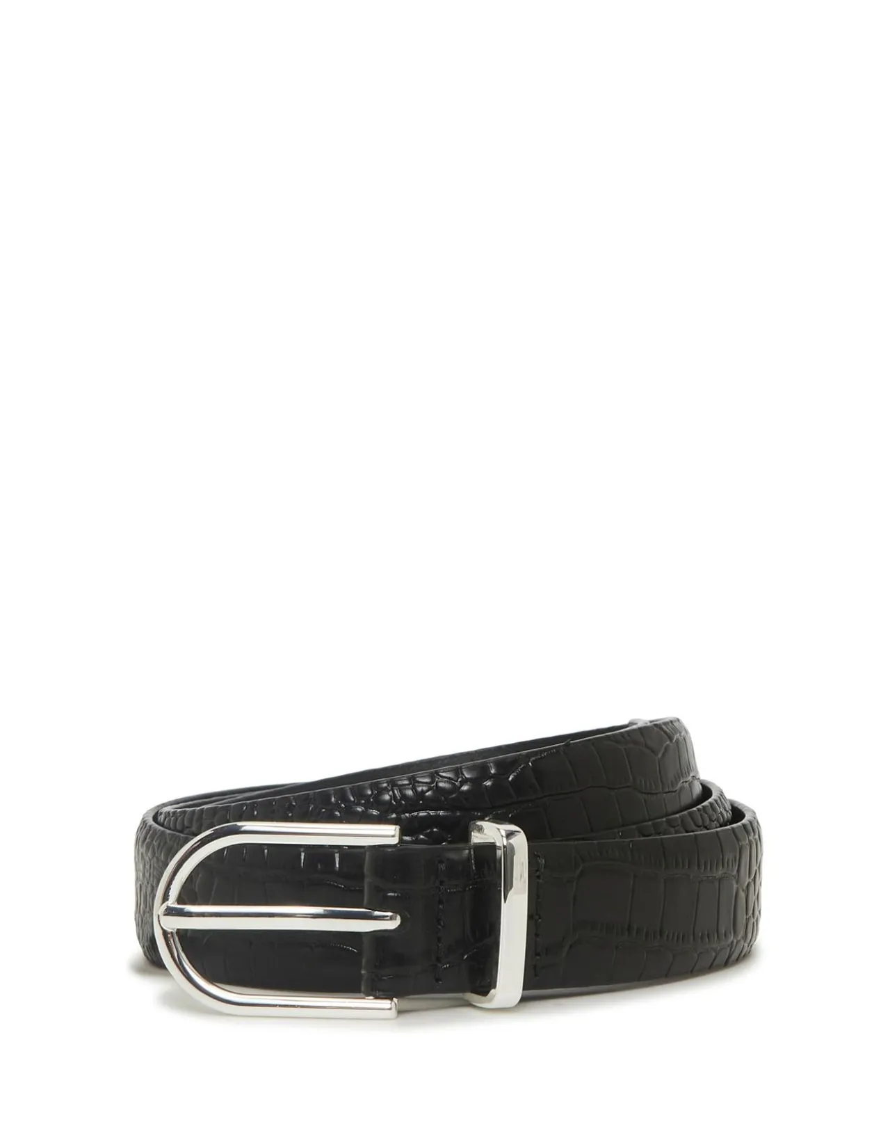Black Croc Embossed Leather Belt with Silver Buckle