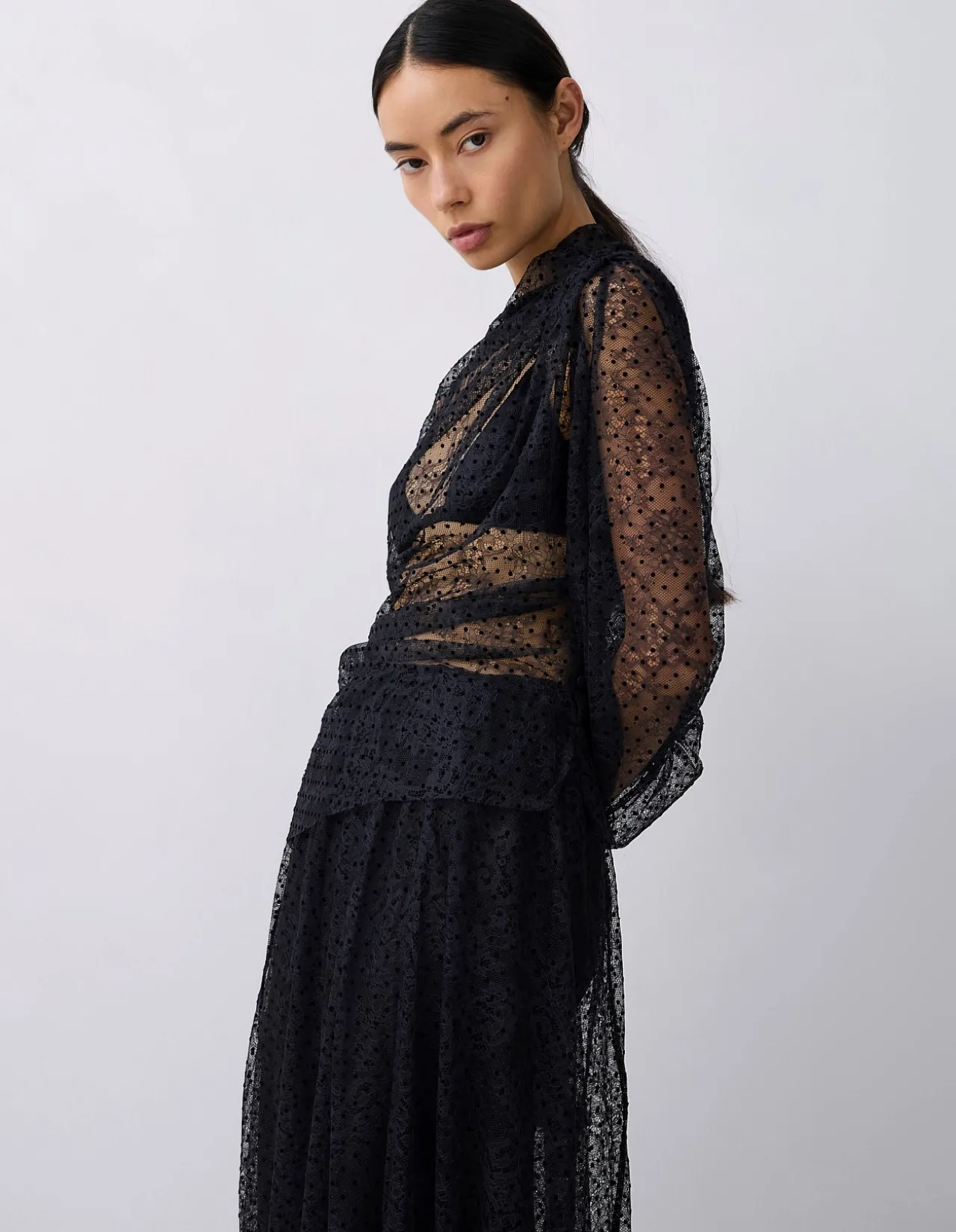 BLACK SPOT LACE DECODE LONG SLEEVE TOP