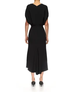BLOUSON WAIST V NECK SS MIDI DRESS