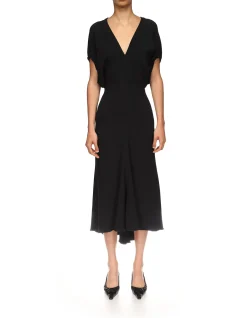 BLOUSON WAIST V NECK SS MIDI DRESS