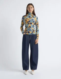 BLURRED FLORAL GATHERED LONG SLEEVE TOP