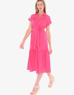 Broderie Yoke Tie Waist Midi Dress