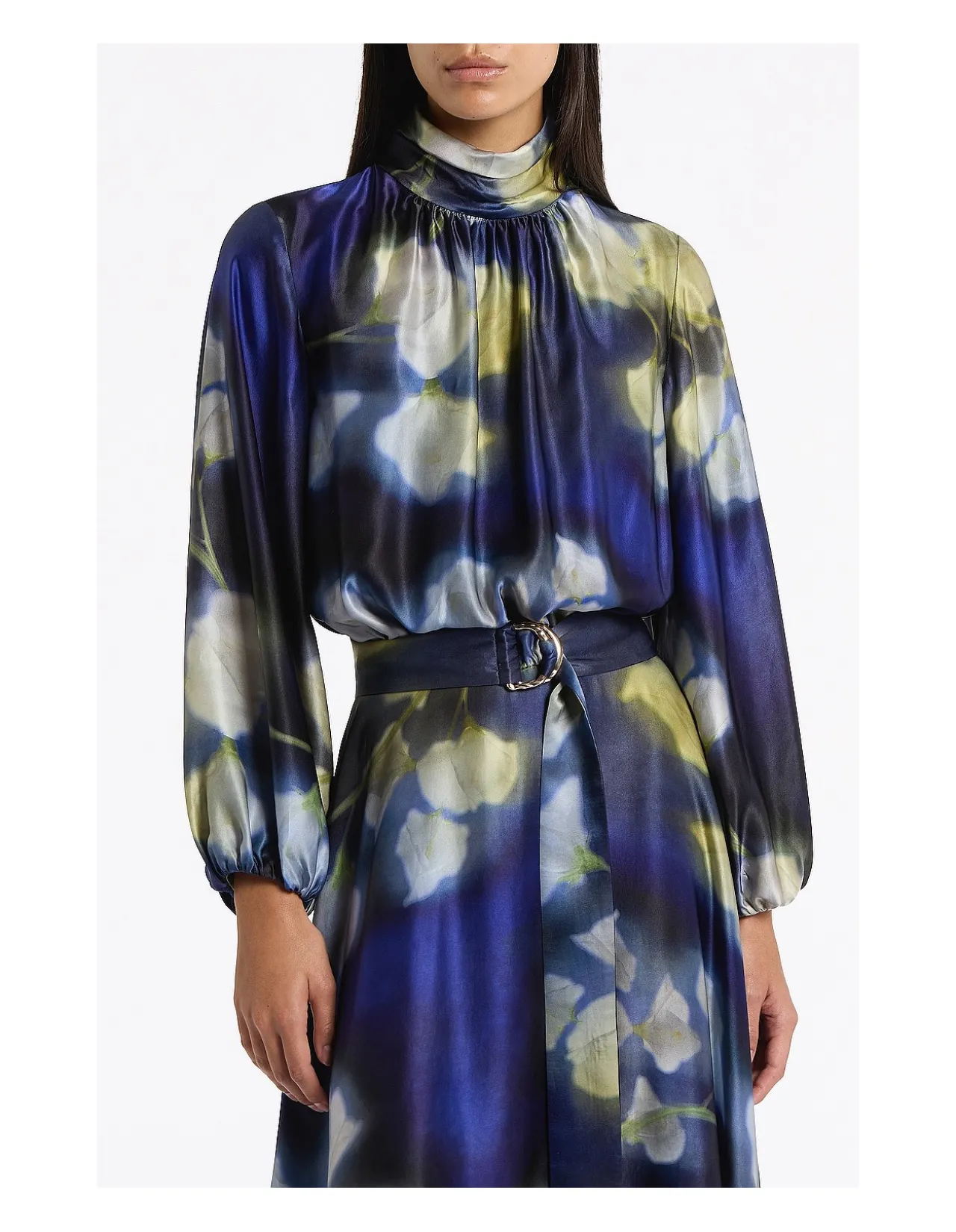 CALLA LILY SILK VISCOSE GATHERED SLEEVE DRESS
