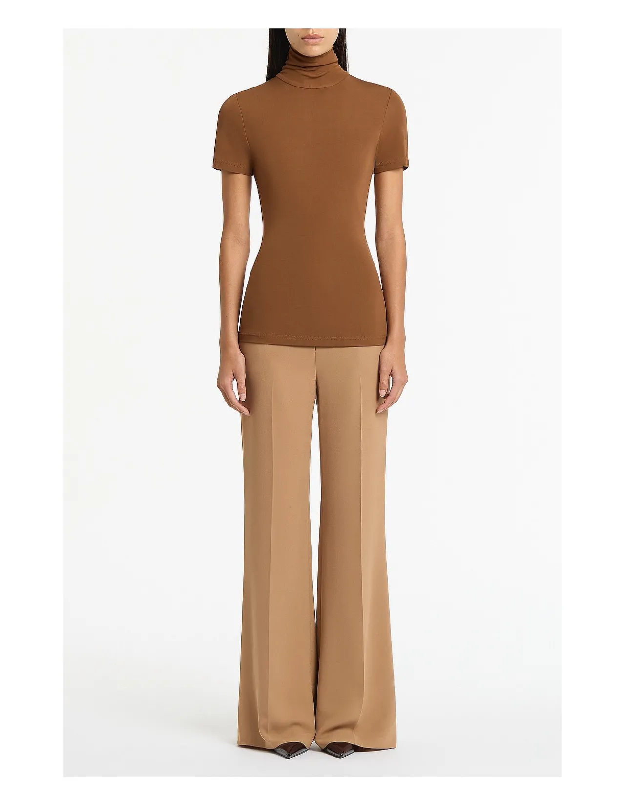 Cognac High Neck Jersey Short Sleeve Top