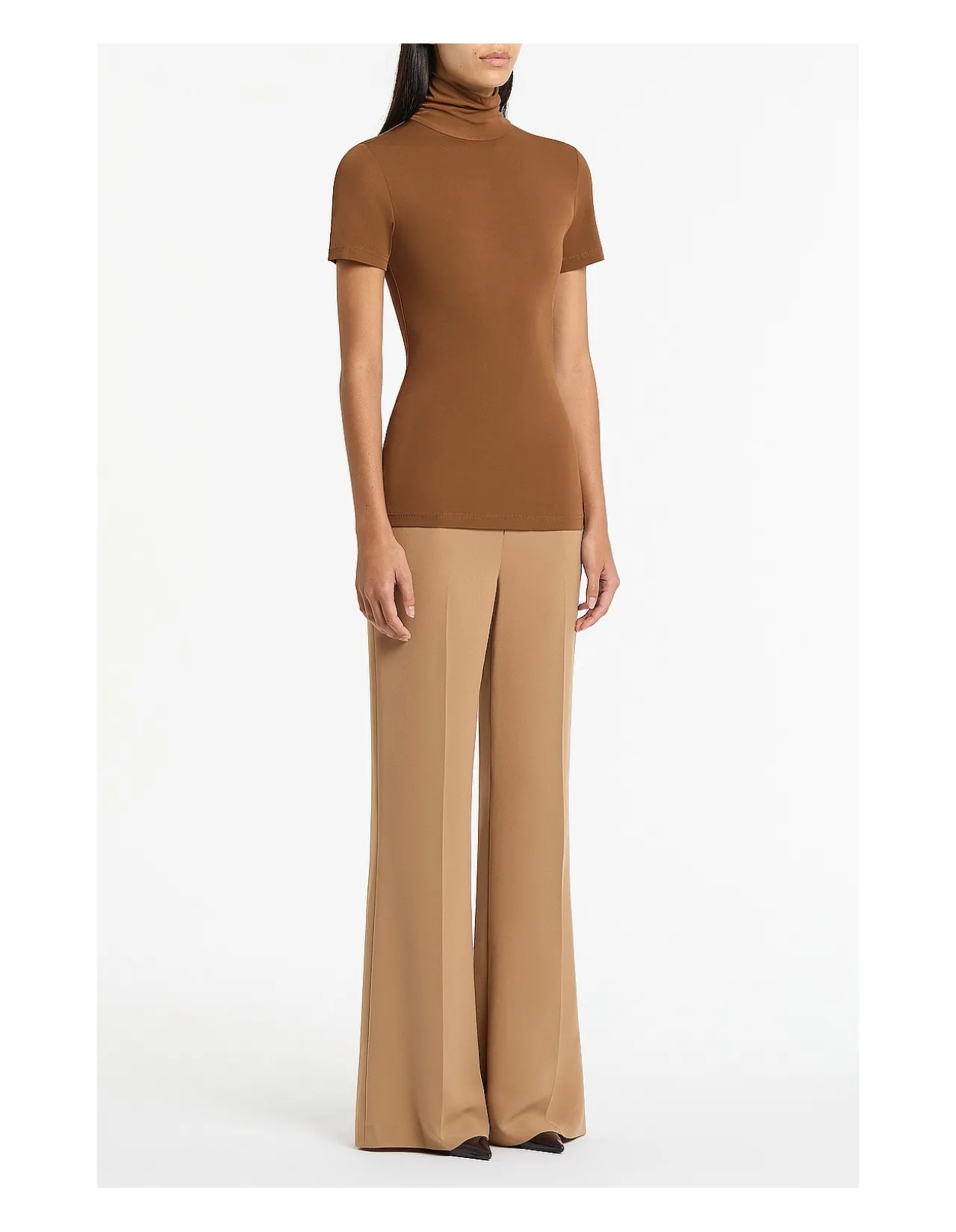 Cognac High Neck Jersey Short Sleeve Top