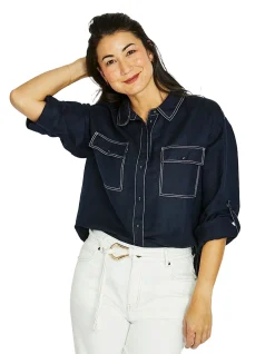 Contrast Stitch Navy Linen Blend Shirt