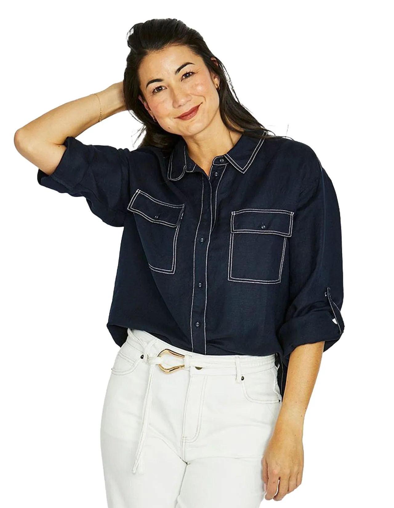 Contrast Stitch Navy Linen Blend Shirt