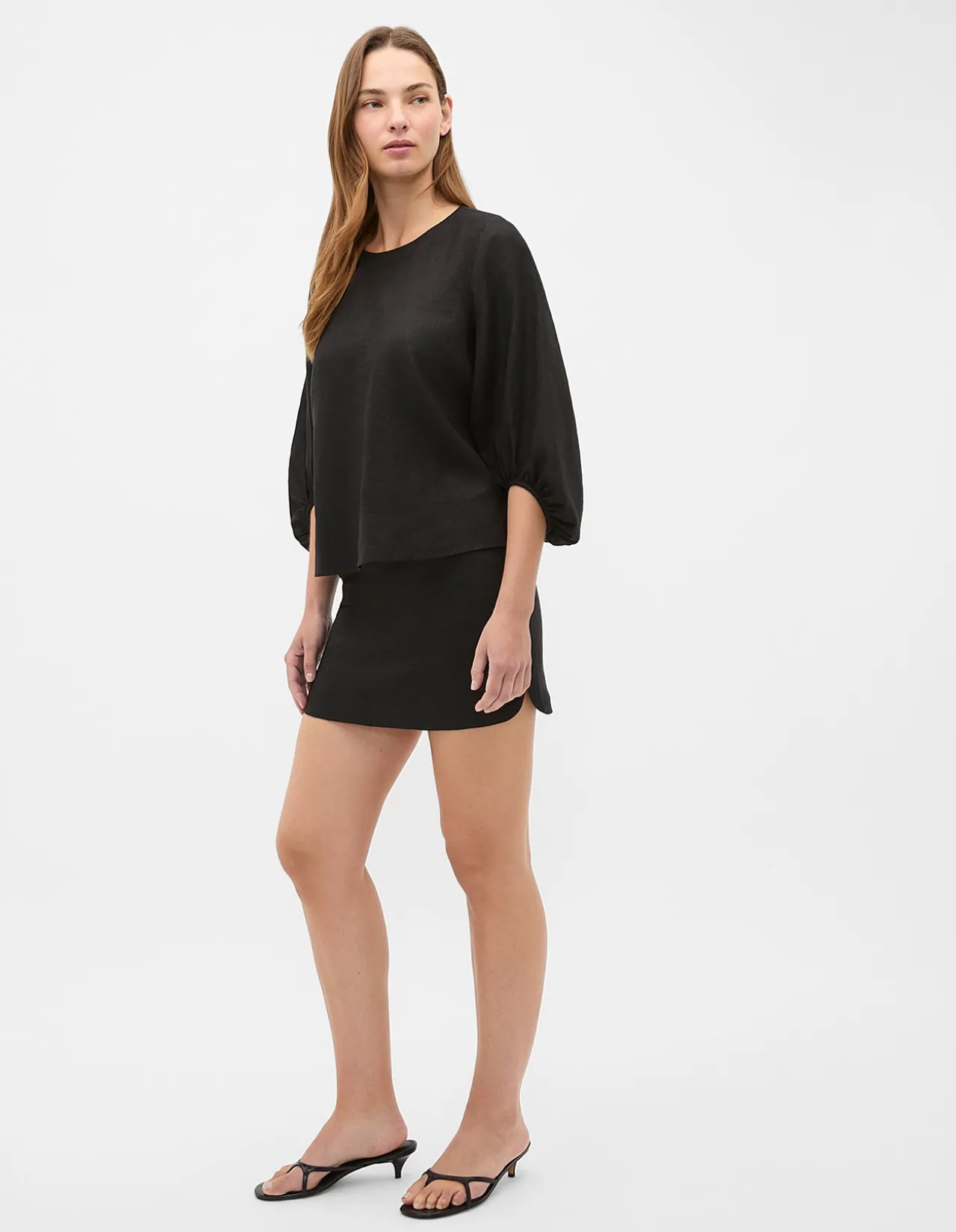 CORE LINEN BALLOON SLEEVE TOP
