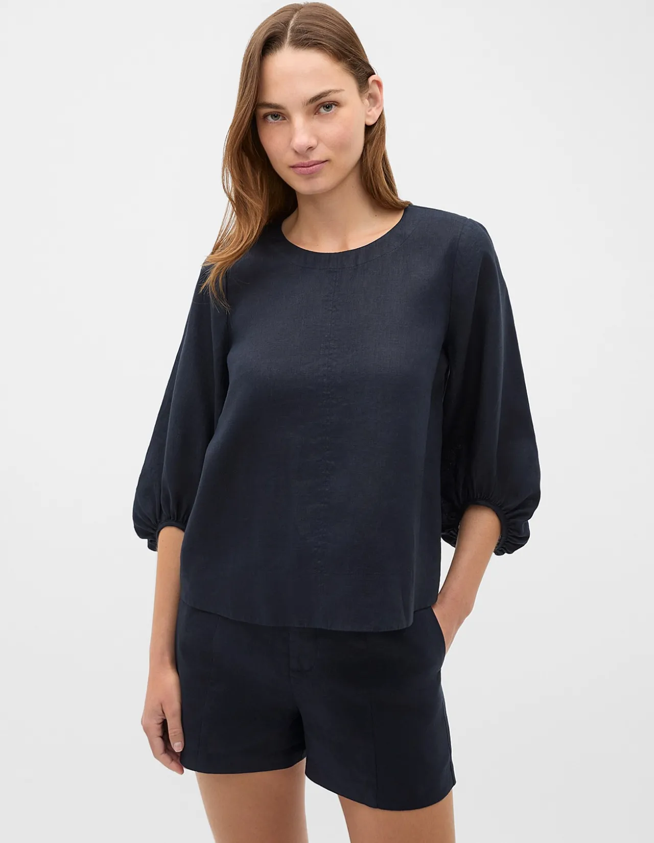 CORE LINEN BALLOON SLEEVE TOP