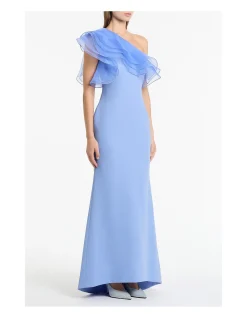 CORNFLOWER CREPE ONE SHOULDER ORGANZA RUFFLE GOWN
