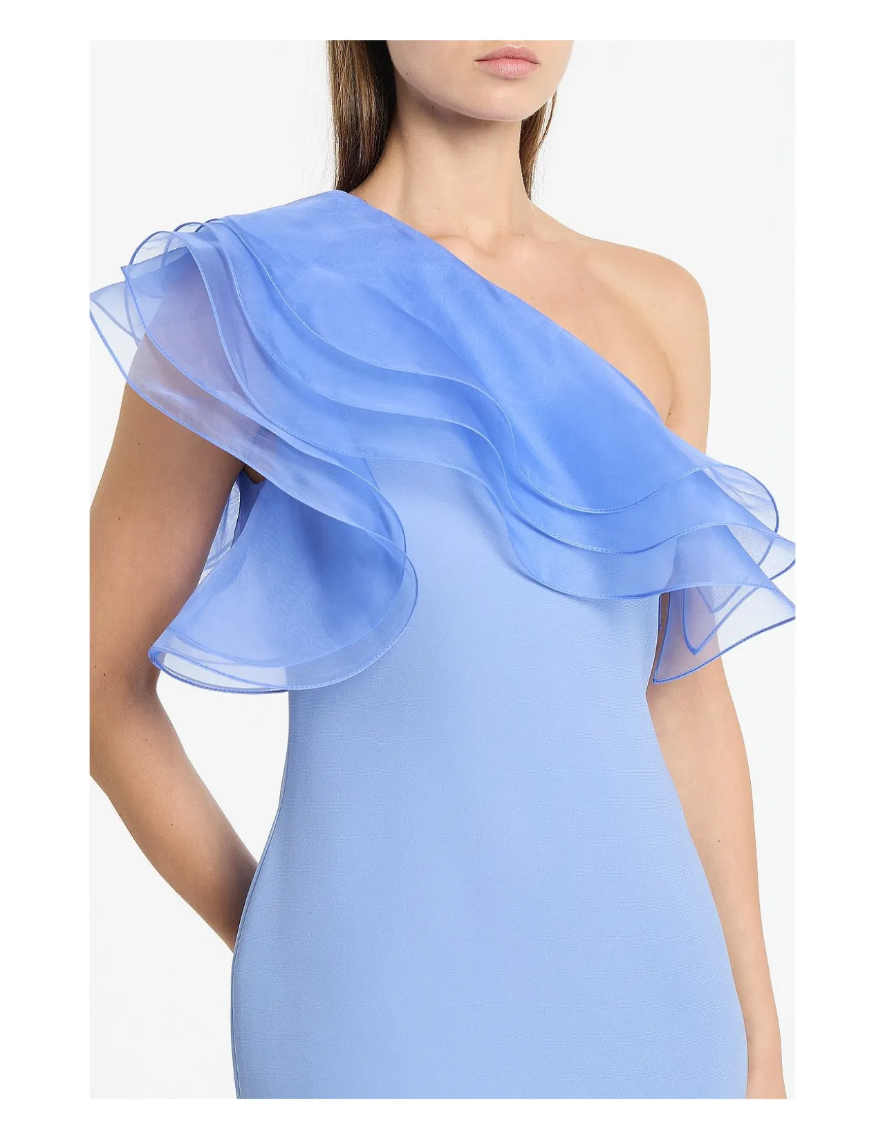 CORNFLOWER CREPE ONE SHOULDER ORGANZA RUFFLE GOWN