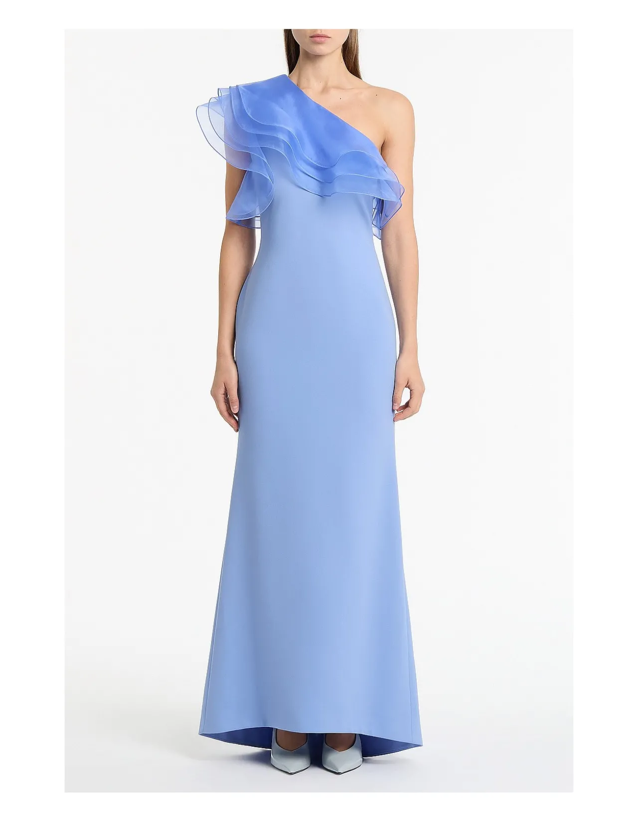 CORNFLOWER CREPE ONE SHOULDER ORGANZA RUFFLE GOWN