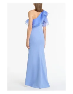 CORNFLOWER CREPE ONE SHOULDER ORGANZA RUFFLE GOWN