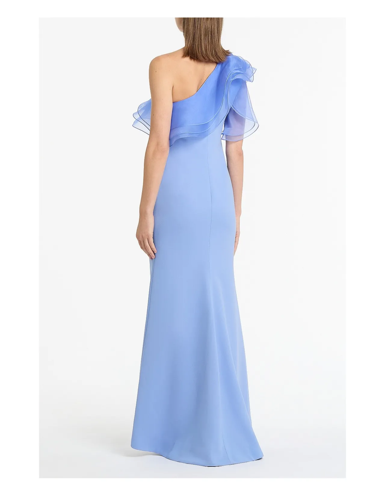 CORNFLOWER CREPE ONE SHOULDER ORGANZA RUFFLE GOWN