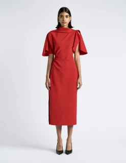 CREPE DRAPED NECK MIDI DRESS