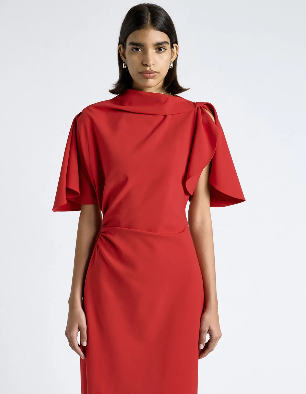 CREPE DRAPED NECK MIDI DRESS