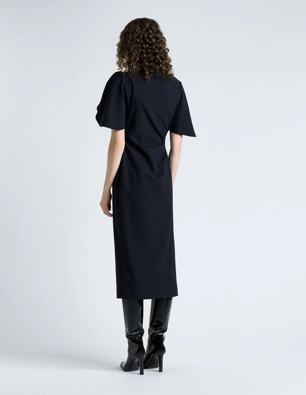 CREPE DRAPED NECK MIDI DRESS