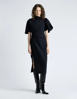 CREPE DRAPED NECK MIDI DRESS
