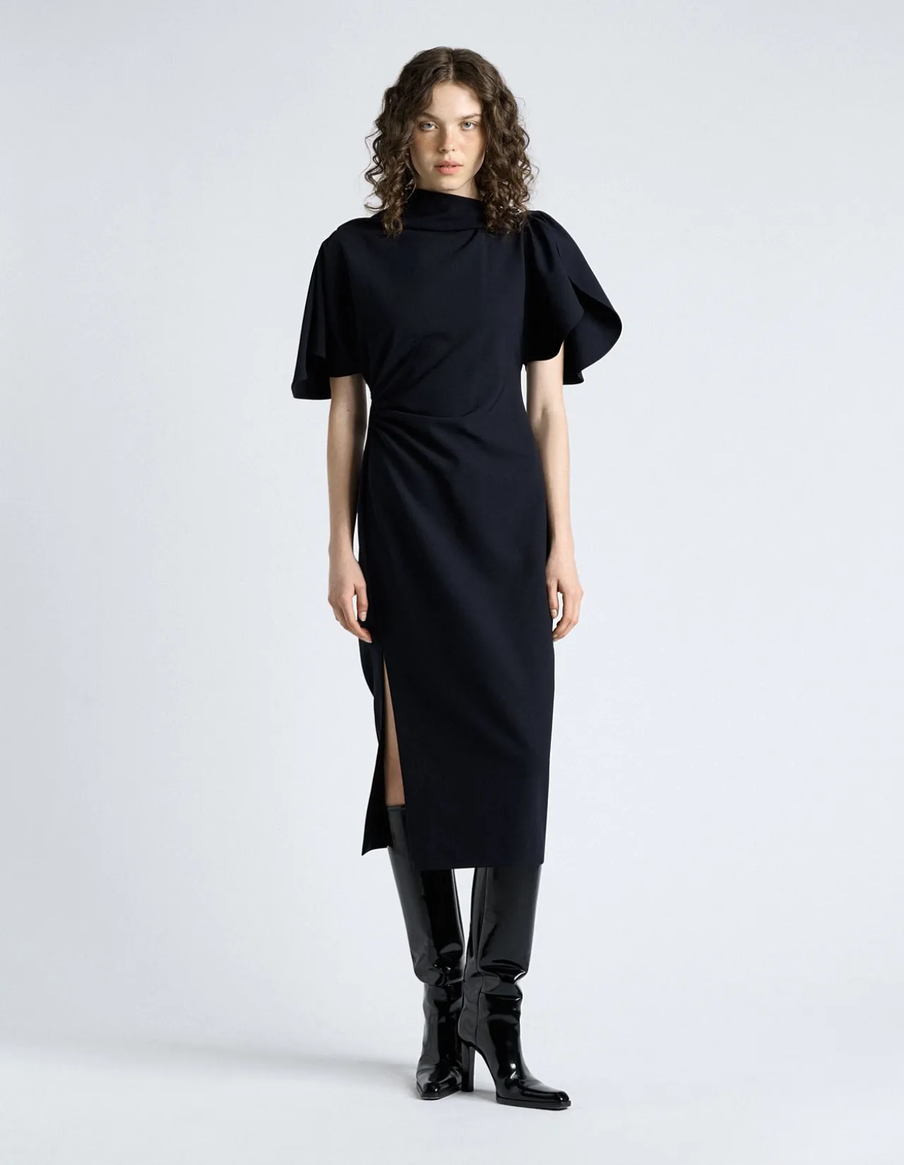 CREPE DRAPED NECK MIDI DRESS