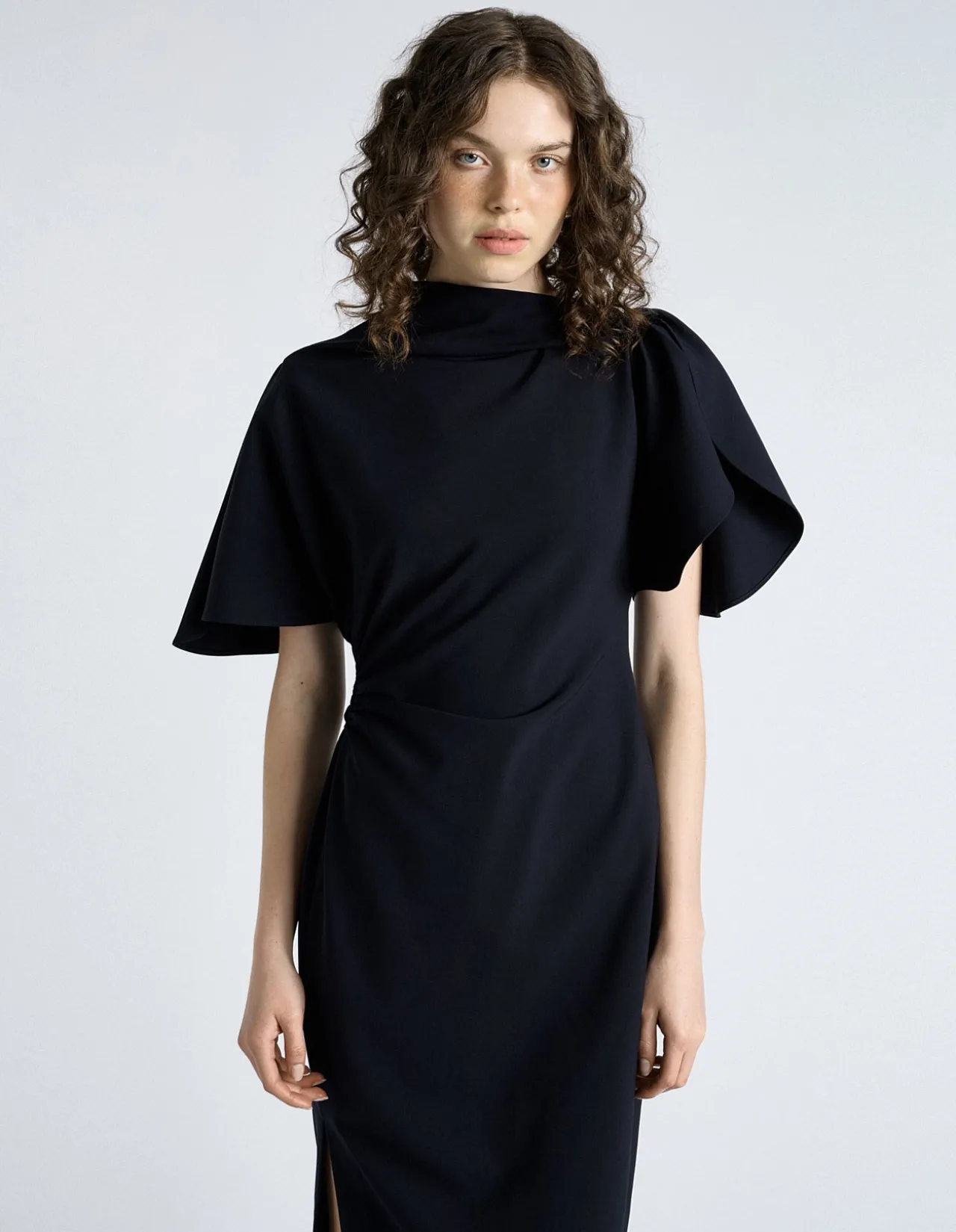 CREPE DRAPED NECK MIDI DRESS