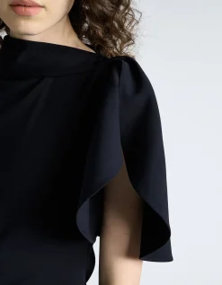 CREPE DRAPED NECK MIDI DRESS