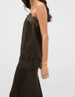 CRINKLED SATIN LACE SQUARE NECK CAMI