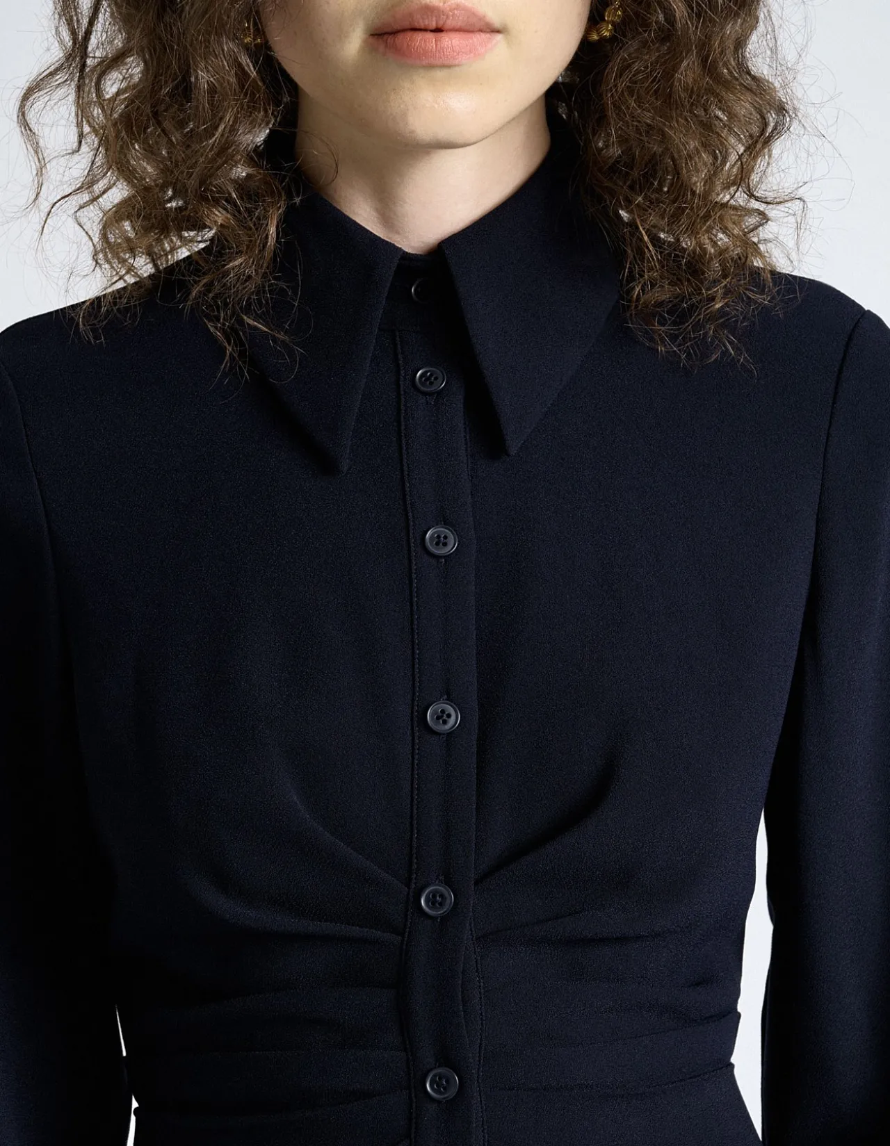 DARK INK CREPE RUCHED SHIRT DRESS