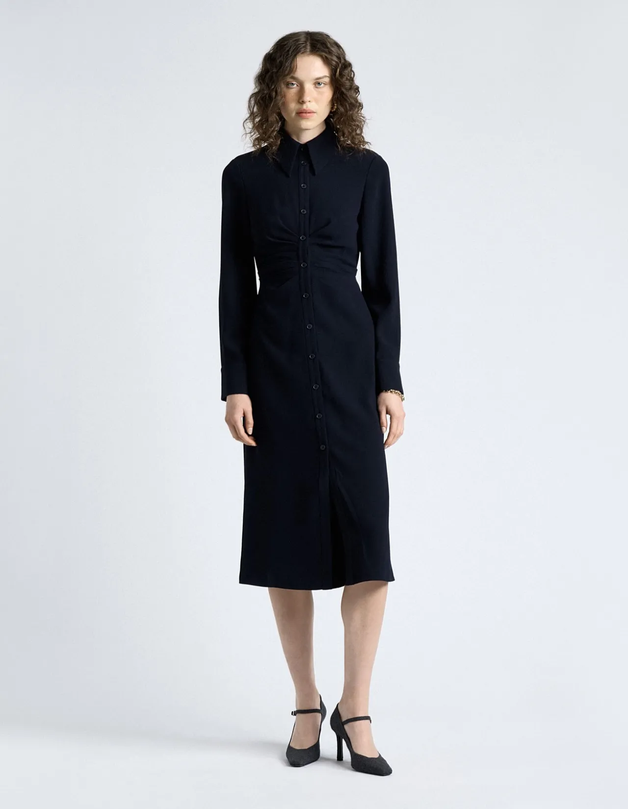 DARK INK CREPE RUCHED SHIRT DRESS