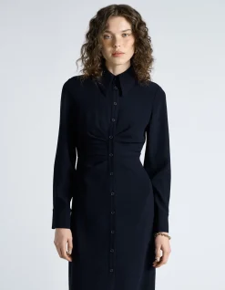 DARK INK CREPE RUCHED SHIRT DRESS