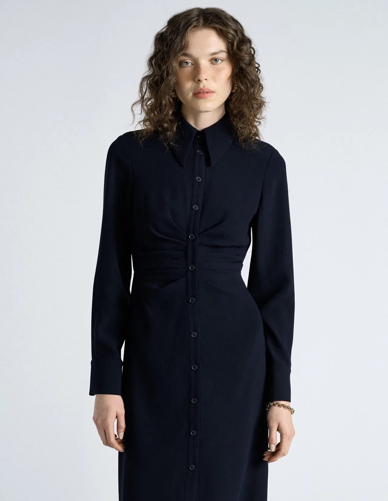 DARK INK CREPE RUCHED SHIRT DRESS