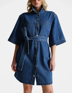 D-Luxe Denim Belted Button Front Short Dress