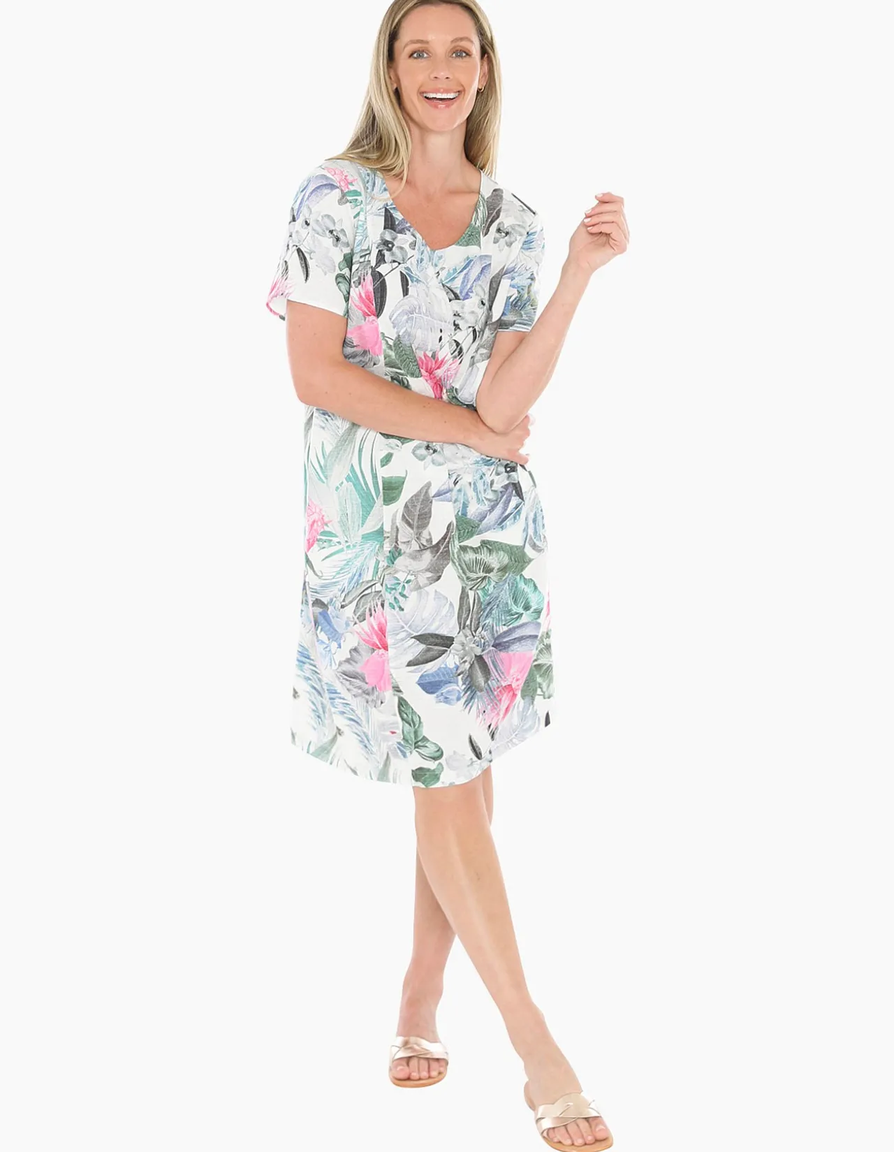 Dusk Jungle Gathered Waist Linen Blend Dress