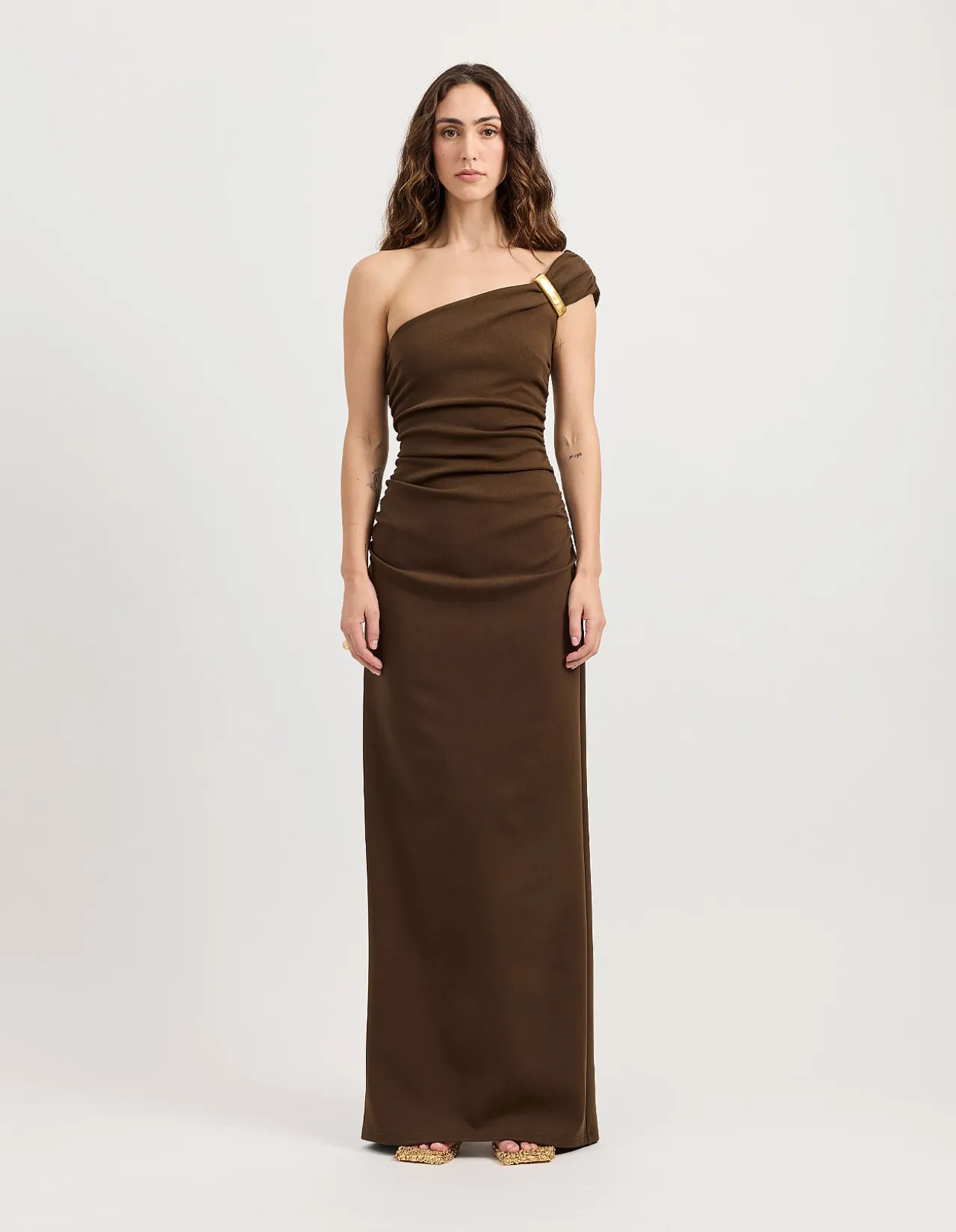 Emery Chocolate One Shoulder Maxi Dress