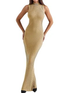 Emmie Gold Metallic Ribbed Maxi Dress
