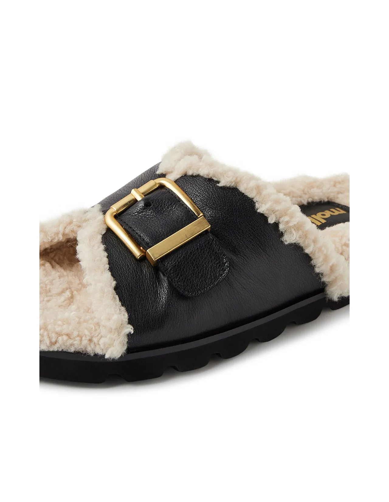 Esme Black Cream Leather-Shearling Slides