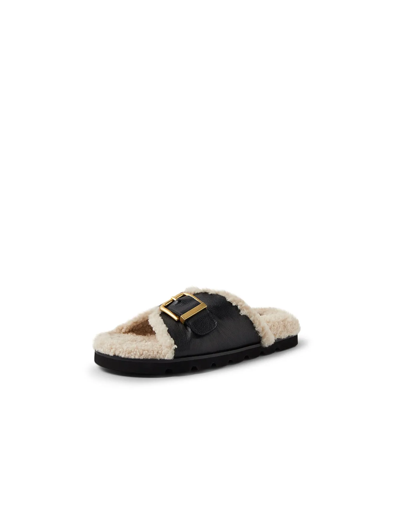 Esme Black Cream Leather-Shearling Slides