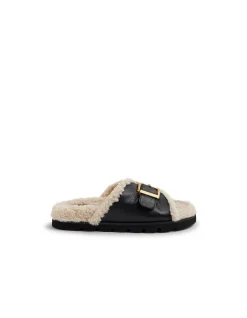 Esme Black Cream Leather-Shearling Slides