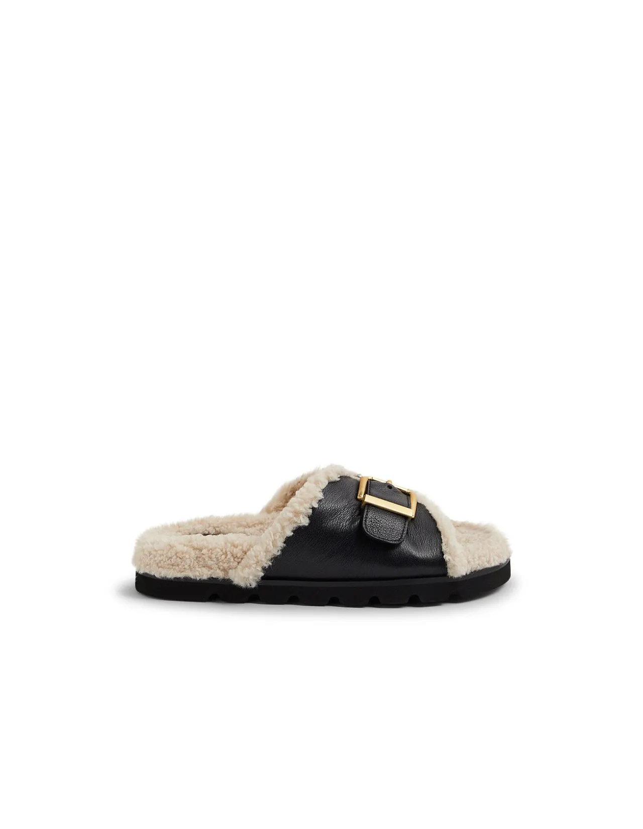 Esme Black Cream Leather-Shearling Slides